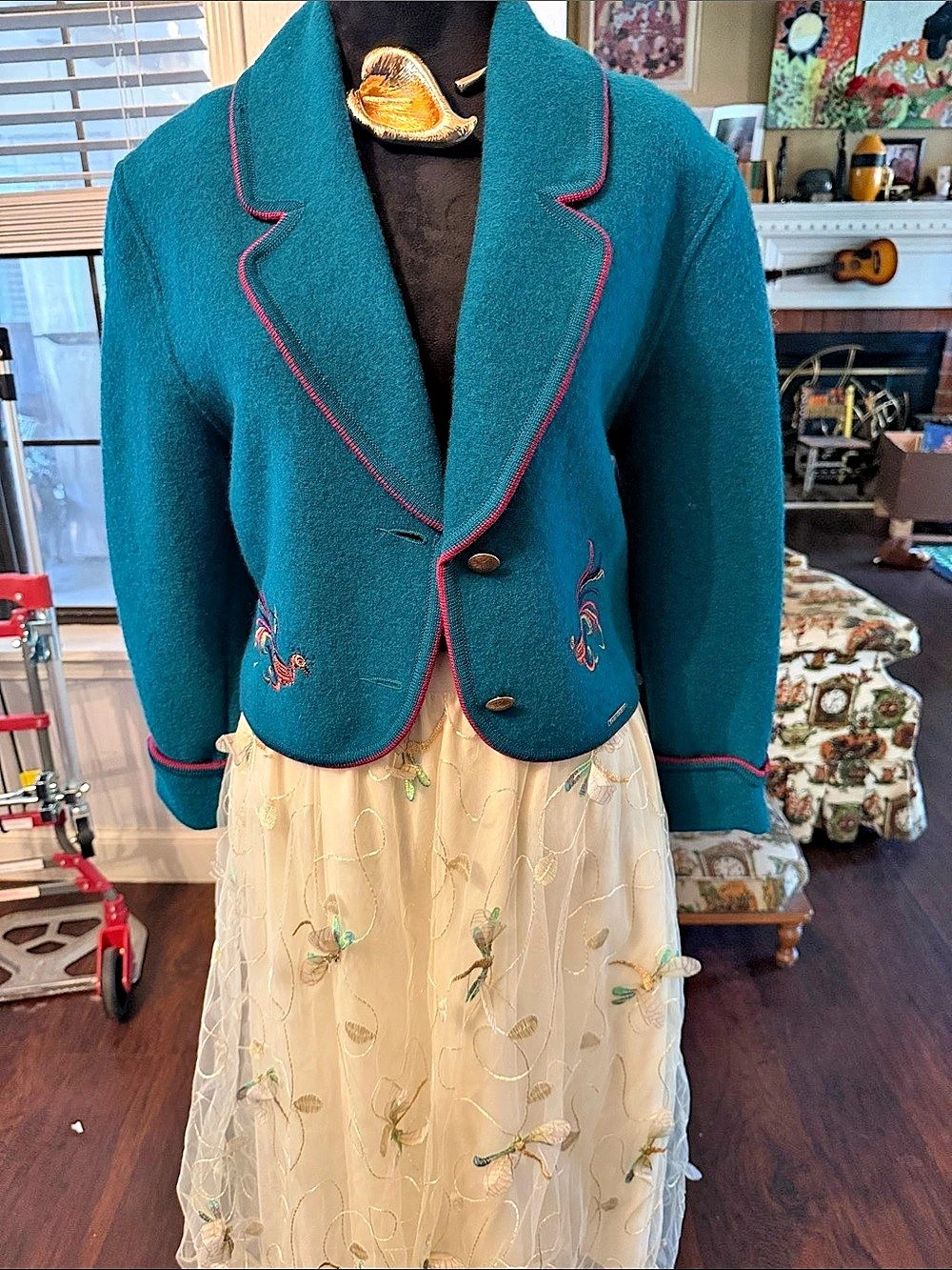Geiger Embroidered Blue & Pink Blazer Jacket and skirt set   Skirt xl jacket siz